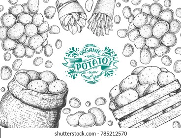 Potato vector illustration. Box and bag of potatoes. French fries, rustic potatoes and chips hand drawn. Engraved style frame.