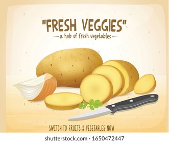 Potato vector illustration with chopped Slices of potato and onion