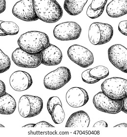 Potato vector seamless pattern. Hand drawn food background. Drawing heaps, whole vegetables and sliced pieces. Detailed sketch style ornament