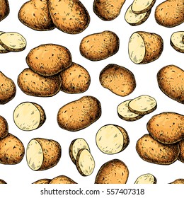 Potato vector seamless pattern. Hand drawn food background. Drawing heaps, whole vegetables and sliced pieces. Detailed sketch style ornament