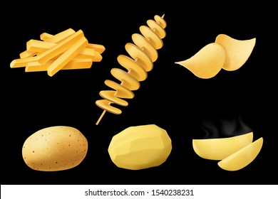 Potato vegetable dishes vector design, food. Raw whole and peeled potato tubes, boiled or baked slices with steam, french fries, salty chips and fried swirls of tornado potato on wooden skewer