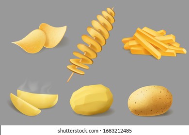 Comida vegetal de patata: diseño realista de patatas fritas vectoriales, patatas fritas y remolinos de tornados fritos, rodajas hervidas y cuñas horneadas, trozos pelados y crudos. Diseño de comida para picar vegetal