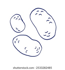 Potato. Vegetable sketch. Hand drawn blue pen or marker drawing. Primitive kids picture