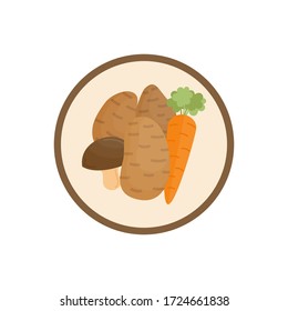 Icono de ilustración vectorial de sopa vegetal de papa. Caldo de raíz de verduras, caldo con hongos lindo sello redondo. Aislado.