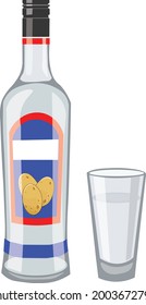 Frasco de vodka de patata, botella de bebidas alcohólicas e ilustrador de vectores de vidrio 
