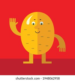 Potato waving hand. Cartoon character with face. Flat style vector illustration on red background.