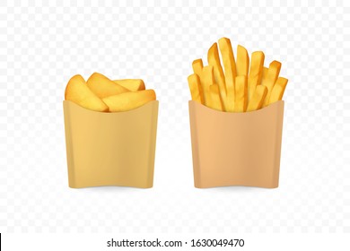 Potato wedges and french fries in carton package.