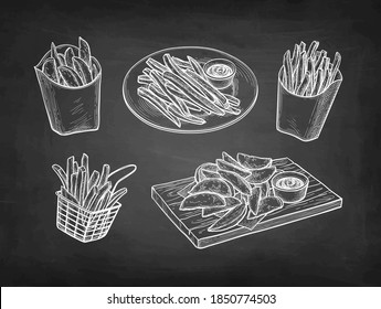 Potato wedges and French fries. Chalk sketch on blackboard background. Hand drawn vector illustration. Retro style.