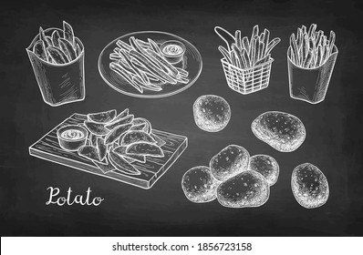 Potato wedges and French fries. Chalk sketch on blackboard background. Hand drawn vector illustration. Retro style.