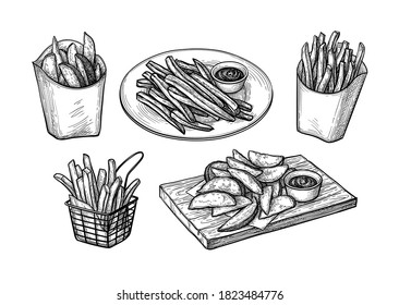 Potato wedges and French fries. Ink sketch isolated on white background. Hand drawn vector illustration. Retro style.