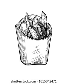 Potato wedges. Ink sketch isolated on white background. Hand drawn vector illustration. Retro style.