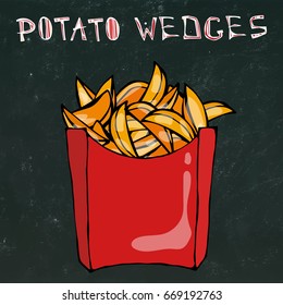 Potato Wedges in Paper Box. Fried Potato Fast Food in a Red Package. Savoyar Doodle Style.Vector Illustration Isolated on a Black Chalkboard Background.