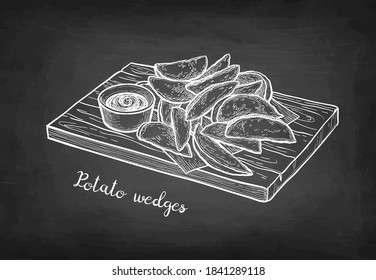 Potato wedges with sauce. Chalk sketch on blackboard background. Hand drawn vector illustration. Retro style.