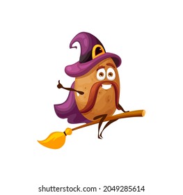 Potato wizard flying on magic broom in magician hat and cape isolated funny cartoon character with mustaches on face. Vector fairy sorcerer kids children food, vegetable or veggie kawaii emoticon