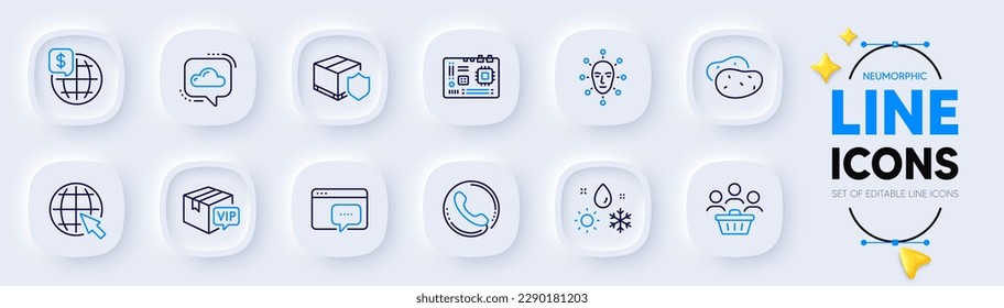 Potato, World money and Seo message line icons for web app. Pack of Weather, Delivery insurance, Face biometrics pictogram icons. Buyers, Vip parcel, Call center signs. Internet. Vector