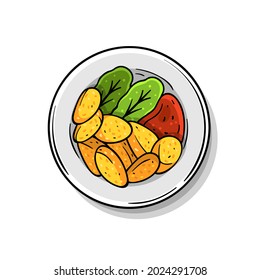Patatas con carne y ensaladas. Ilustración del vector 