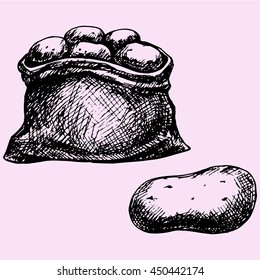 potatoes, burlap bag doodle style sketch illustration hand drawn vector 