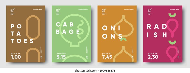 Potatoes, Cabbage, Onions, Radish. Price tag, label or poster. Set of posters, vegetables and herbs in a minimalist design. Flat vector illustration. 