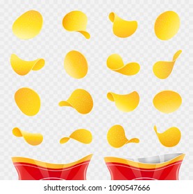 Potatoes chips. Fast-food with packaging. Set. Fried potato snack. Vegetable meal. Realistic delicious. EPS10 vector illustration.