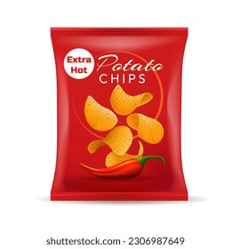 Potatoes chips package template. Potato crisps packing in realistic style vector illustration, hot potatos chip snacking packaging bag, snacks packet 3d red design isolated