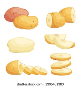 Potatoes in flat cartoon style set. Whole, cut, peeled and sliced potatos. Vector illustrations isolated on white background.