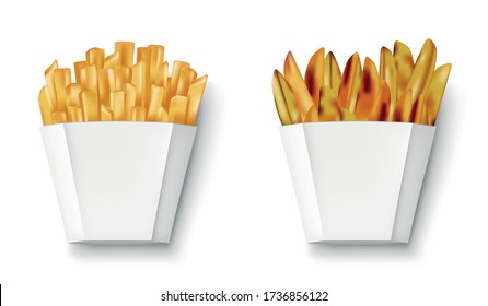 Potatoes French fries and potato wedges in paper box, isolated. Realistic white Package with fry french and wedges potato. Fast food banner. vector illustration