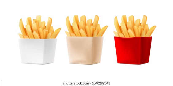 Potatoes French Fries in Red Carton Package Box Isolated on White background. Fast Food