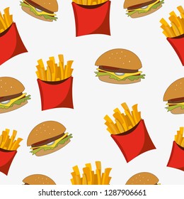Potatoes French Fries in Red Carton Package Box vector illustration with burger seamless pattern. Fries potato pattern.