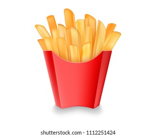 Potatoes French Fries in Red Paper Package Box, Carton, Fast Food Concept, Isolated on White Background, Hand Drawn Vector Photo Realistic 3D Illustration