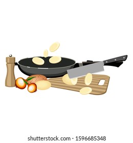 Potatoes fried in a pan isolated