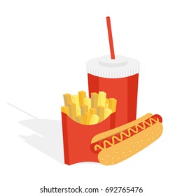 Potatoes fries in a red carton box, beverage and hot dog. Fast food. Vector illustration