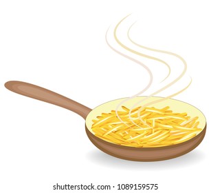 Potatoes fry in a hot frying pan. Vegetables are cut into strips. Fast, tasty and nutritious food. Vector illustration.