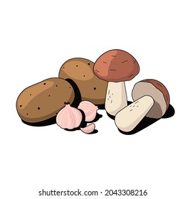 Potatoes, garlic, mushrooms. Vector 3d sketch line isometric, color icon illustration, flat style. Creative design idea and elements for infographics and website.