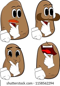 Potatoes holding finger front of his mouth. Cartoon potato collection with happy faces. Expressions vector set.