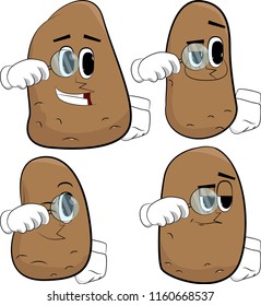 Potatoes holding a magnifying glass. Cartoon potato collection with happy faces. Expressions vector set.