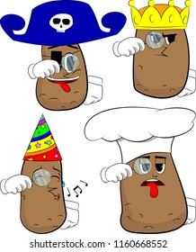 Potatoes holding a magnifying glass. Cartoon potato collection with costume faces. Expressions vector set.