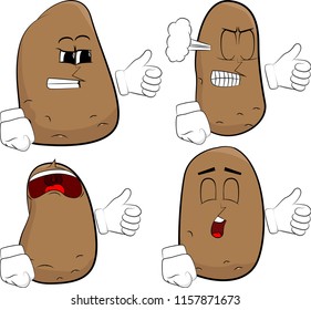 Potatoes making thumbs up sign. Cartoon potato collection with angry and sad faces. Expressions vector set.