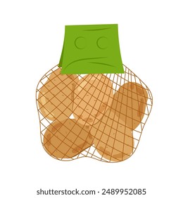 Potatoes. Potatoes in a mesh bag. Potatoes in a bag. Organic farm vegetables. Illustration in flat style on white background.