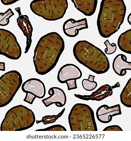 Potatoes, mushrooms, chili peppers. Graphic floral pattern. For design, print, wallpaper, paper, textiles. Vector overlapping seamless pattern.