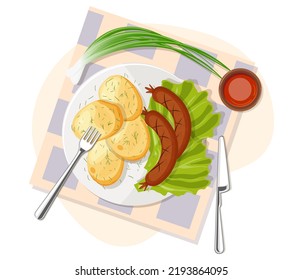 Potatoes pancakes with sausages on green salad. Popular and healthy lunch, dinner meal. Image of traditional food menu. Restaurant plate served napkin, fork, knife. Isolated flat vector illustration