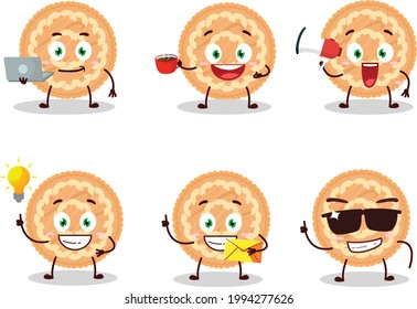 Potatoes pie cartoon character with various types of business emoticons. Vector illustration