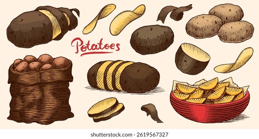 Potatoes and plant hand drawn. Collection of vegetables and chips in a dish and full sack of fresh food. Spud or pratie engraved pieces. Murphy in groups ready to eat