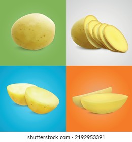 Potatoes realistic 2x2 set of square compositions with whole potato fruit cut into halves and slices vector illustration