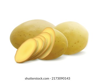 Potatoes realistic composition with view of whole and sliced potatoes bunch on blank background with shadows vector illustration