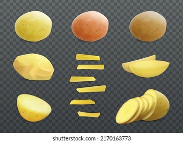 Potatoes realistic set with isolated images of ripe young potatoes with no peel and sticks slices vector illustration