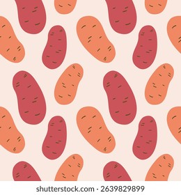 Potatoes repeating seamless pattern. Repeating background with vegetables fruits vector illustration in cartoon style. Drawing rapport with sweet fresh potato. Food ingredient, agriculture, harvest