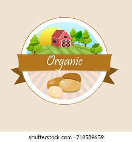 Potatoes retro label design with farm fresh organic potato . Promotional vector poster concept for agricultural industry or grocery store. Symbol for sauce product label