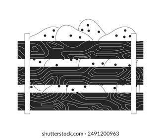 Potatoes in rustic crate 2D cartoon object. Raw organic farm product stored in wooden box isolated flat vector element white background. Agricultural industry harvest color spot illustration