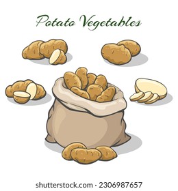 Potatoes sack and tubers. Potato burlap bag vector clipart isolated, cartoon brown gunny sac of tasty potatoe vegetables, raw murphy market crops vector graphics