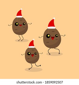 Papas con personajes de dibujos animados bailando en Santa hat verduras en un concepto de fondo beige para Navidad y Año Nuevo